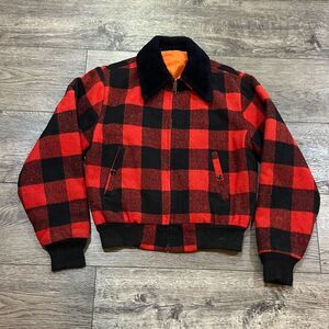 Vintage 1950s Buffalo Red Black Plaid Wool Jacket SIMCO Zipper Orange Lining